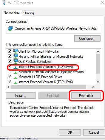 در اینجا اول،  Internet Protocol Version 4) TCP/IPv4) را انتخاب کرده و سپس روی دکمه Properties کلیک کنید.
