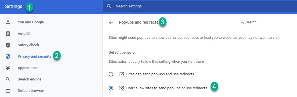 Don't allow sites to send pop-ups or use redirects