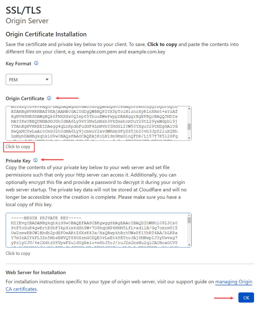 کدگذاری Origin Certificate و کلید برای فعالسازی تنظیمات SSl در کلودفلر