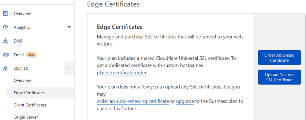 تنظیمات Edge Certificates برای فعالسازی SSL در کلودفلر 