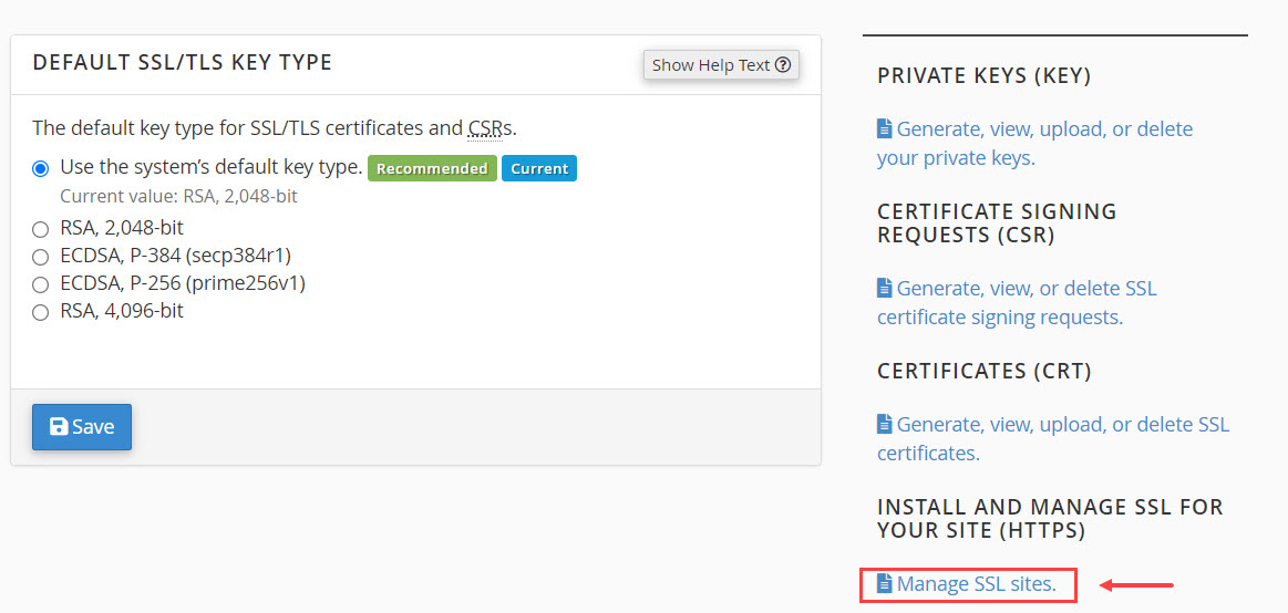 Manage SSL sites در هاست برای فعالسازی SSl در کلودفلر