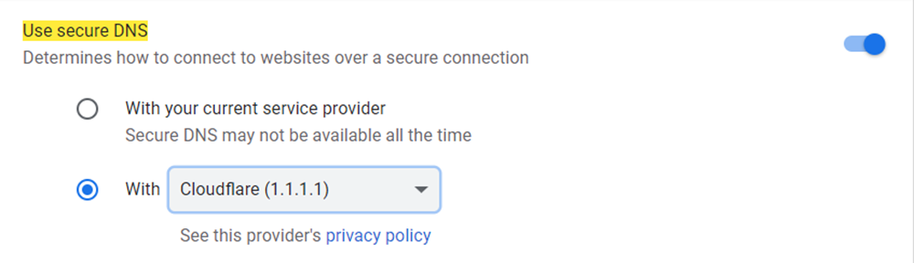 انتخاب Use secure DNS و قرار دادن بر روی CLOUDFLARE برای خاموش کردن safe search