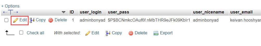 ویرایش حساب کاربری در دیتابیس برای تغییر رمز عبور وردپرس