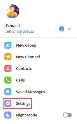 انتخاب گزینه تنظیمات از نوار تلگرام