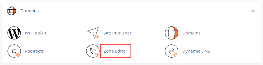 انتخاب Zone Editor برای ایجاد mx record در اتصال هاست سی پنل به ایمیل سرویس