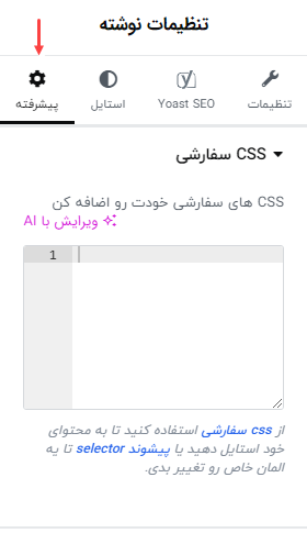 سربرگ پیشرفته تنظیمات نوشته برای افزودن CSS سفارشی به کل صفحه