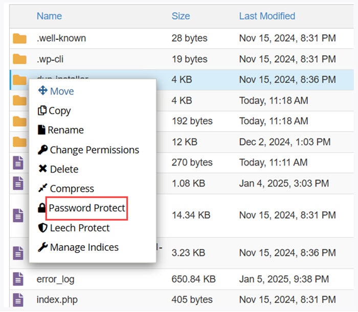 انتخاب Password protect در انتخاب رمز برای پوشه در سی پنل